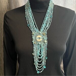 Chic Multi-Strand Turquoise Glass and Stone Necklace Boho Mother of Pearls